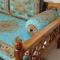 تخت سنتی چوب عسلی با ست شاه نشین فیروزه ای